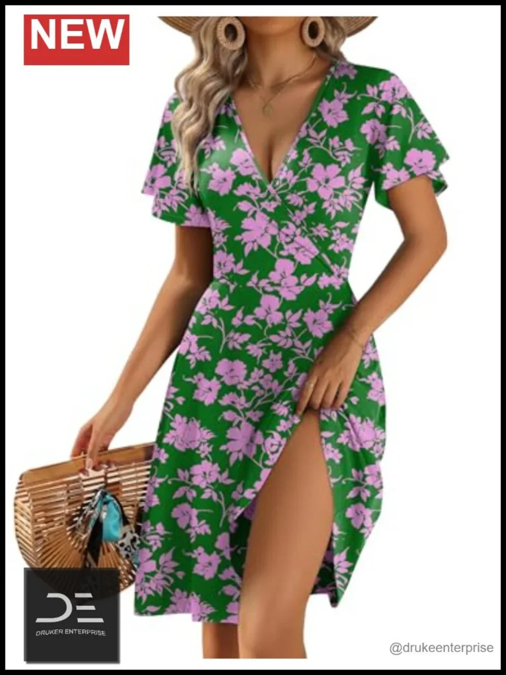 Wrap V Neck A-Line Ruffle Sleeve Sundress with Pockets Floral Print Knee-Length